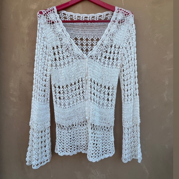 Sweaters - Crochet Cream Cardigan feminine top Small Med
